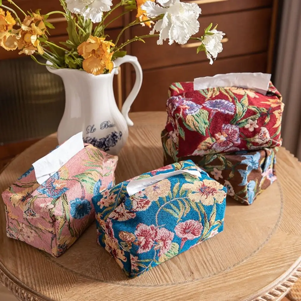 Retro Style Embroidered Tissue Bag Breathable Skin-Friendly Tissue Case Portable Polyester Desktop Napkin Holder Paper Storage