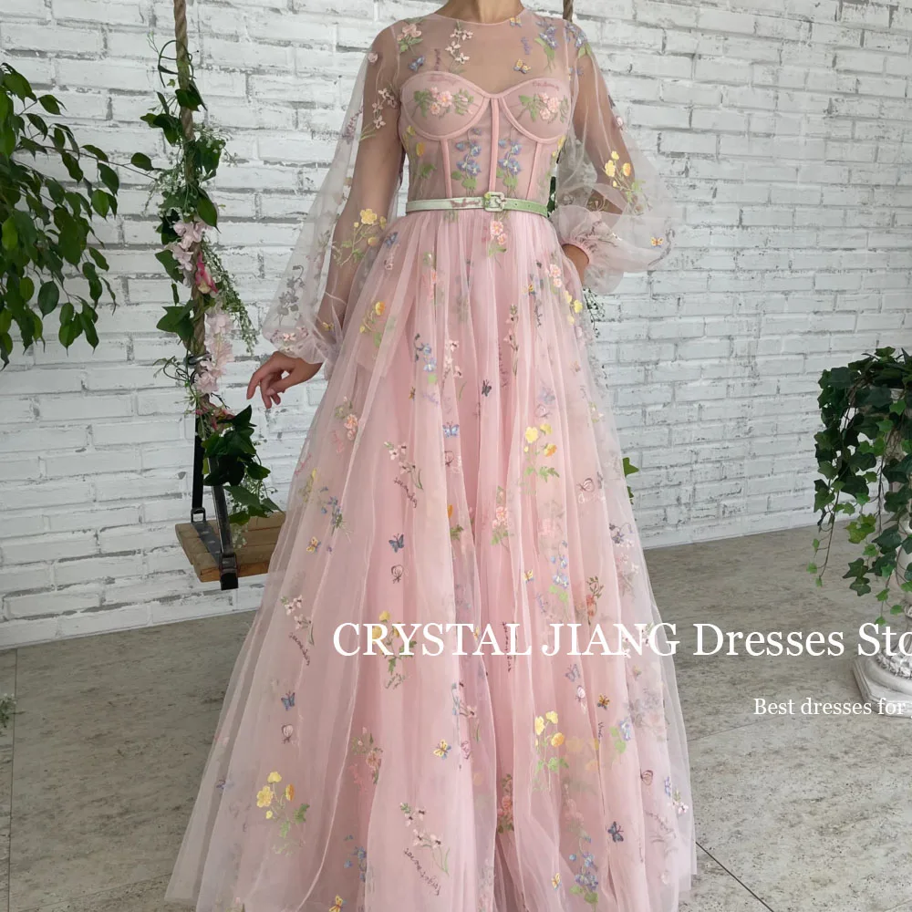 Customized Long Pink Prom Dresses O Neck Tulle Long Puffy Sleeves Lace Embroidery A Line Sweep Train فساتين للحفلات الراقصة