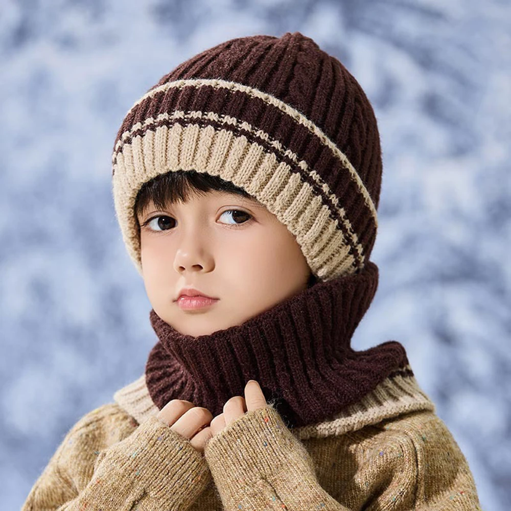 Thiened Gestrickte Kindermütze Schal Set Jungen Mädchen Herbst Winter Sle Warme Mützen Winddicht Weiche Bequeme Wollmütze