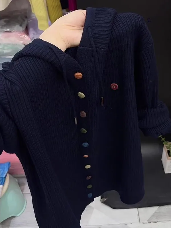 

Вязаный открытый кардиган Dopne Color Bule с капюшоном и шнурком, женский осенне-зимний корейский Sle Faion, новый маленький ароматный...