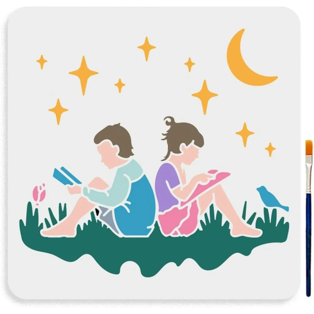 Boy and Girl Reading Stencil 11.8×11.8inch Large Book Reading Under The Starry Sky Stencil with Paint Brush Reusable Nature