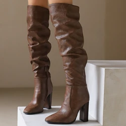 Pleated Women's Knee High Boots Winter Spring 2025 Black Brown Grey Blue Heels Large Size Long Boot Party Footwear Shoes