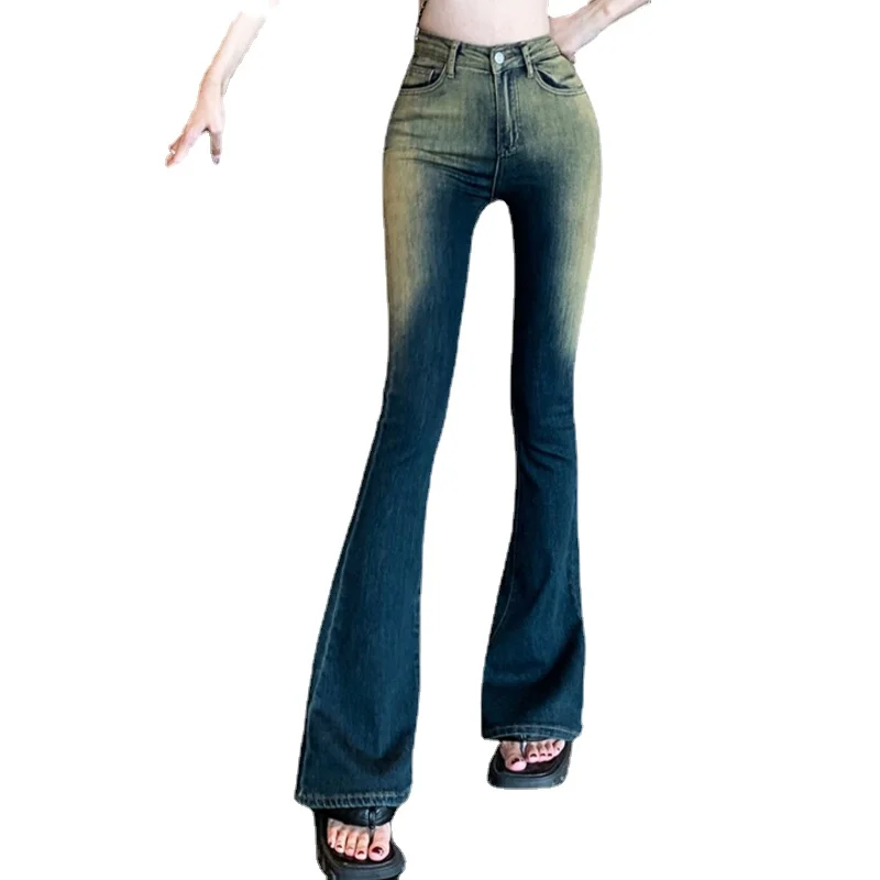 

2023 Spring Fall Women Bleached High Waisted Stretchy High Flare Denim Trousers , Summer Woman Slim Jeans Pants