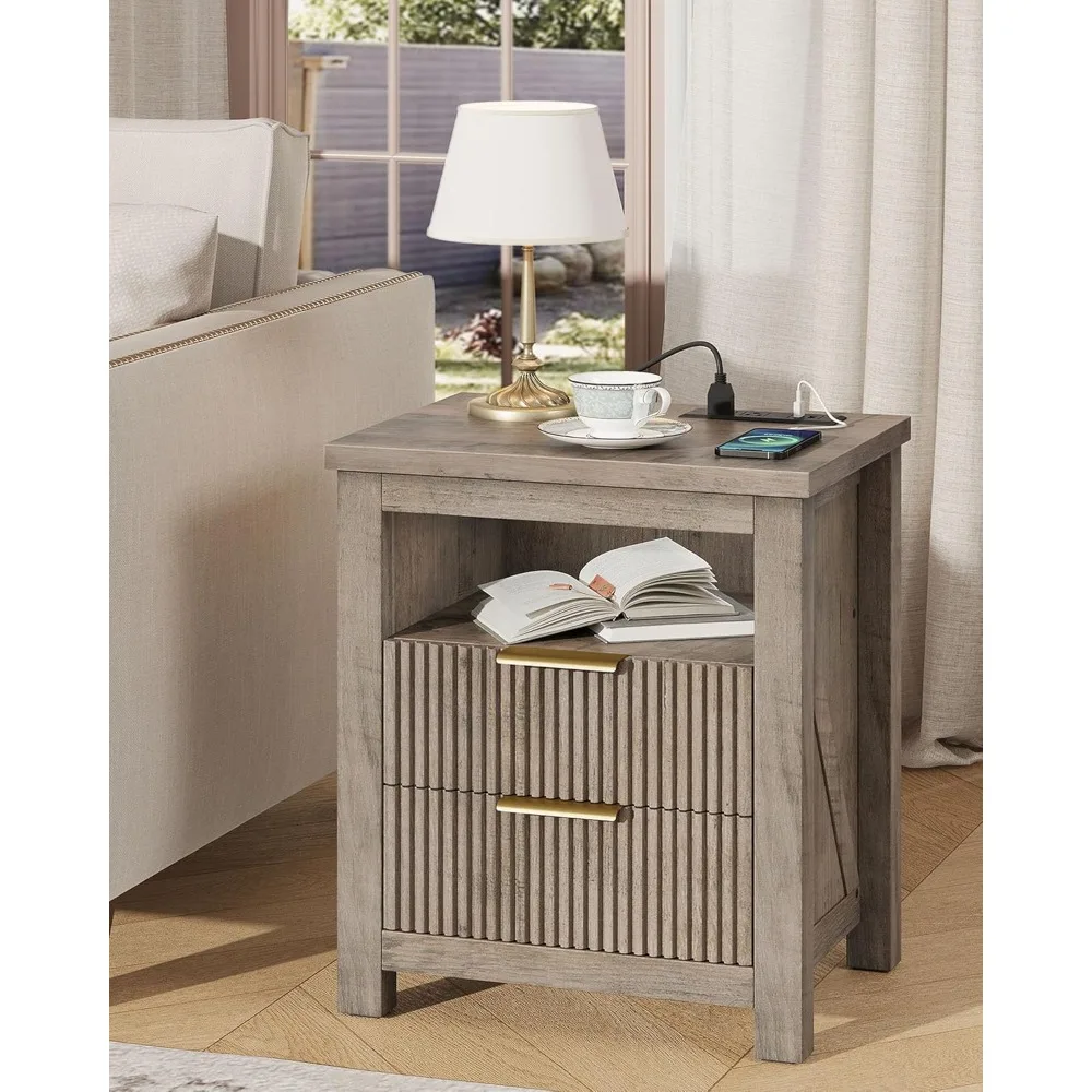 

Nightstand, End Table with Charging Station and 2 Drawers, Farmhouse Nightstands with Fluted Panel, Engineered Wood Side Table
