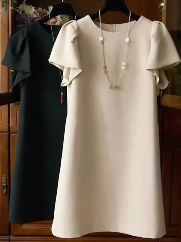 

Korean Style plus Size 300 Pounds Women's Dress Bubble Sleeve Straight Tube Summer Dress Short Sleeve Slimming Effect