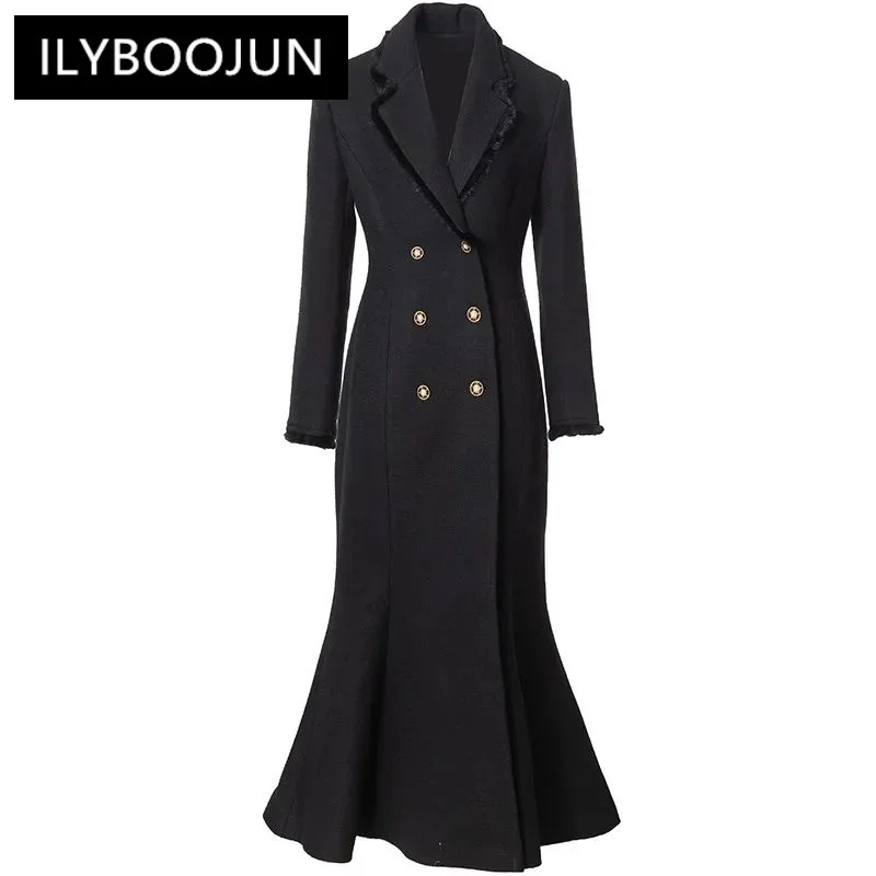 

Autumn Winter Designer Coat Women Notched Double Breasted Long-sleeved Black Commuter Slim Fit Long Overcoat