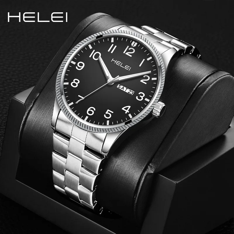 HELEI Foreign Trade New Men's Watch Double Calendar Men's Quartz Watch Waterproof Watch Stainless Steel Strap