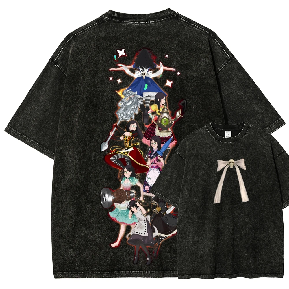 Alice Madness Returns T‑Shirt Vintage Washed Black Gothic Alice Split Personality Graphic Tee Men Retro Game Short Sleeve Tops