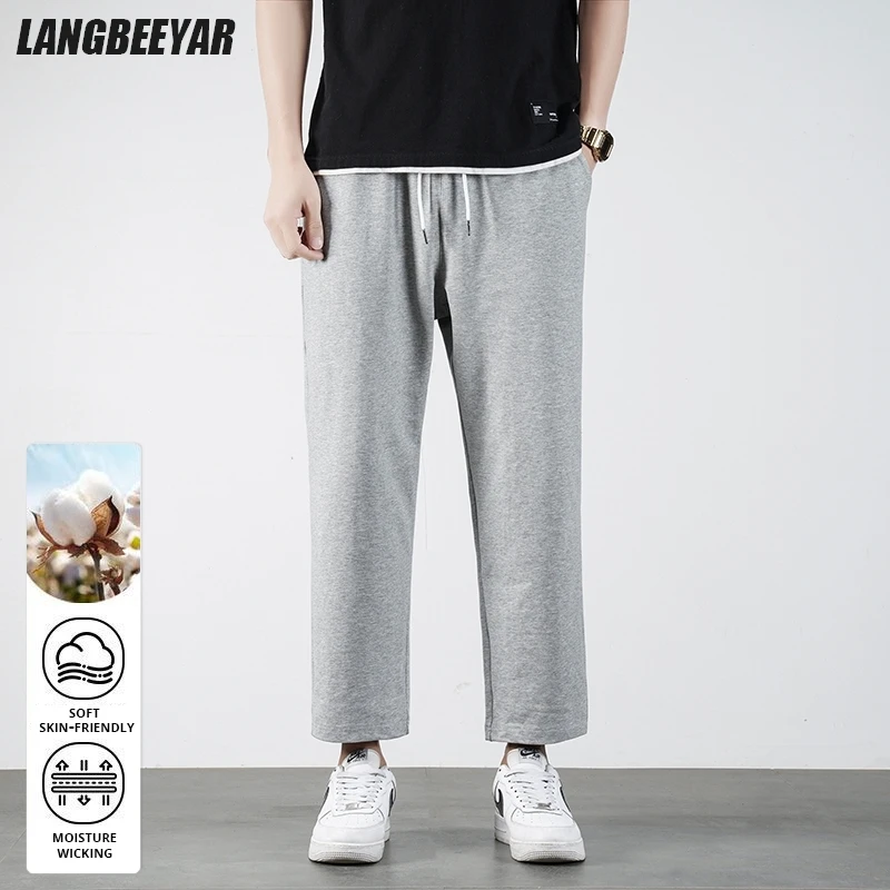 

Top Quality 100% Cotton New Brand Fashion Baggy Elastic Casual Straight Ankle-Length Pants Strappy Trousers Mens Clothing 2025