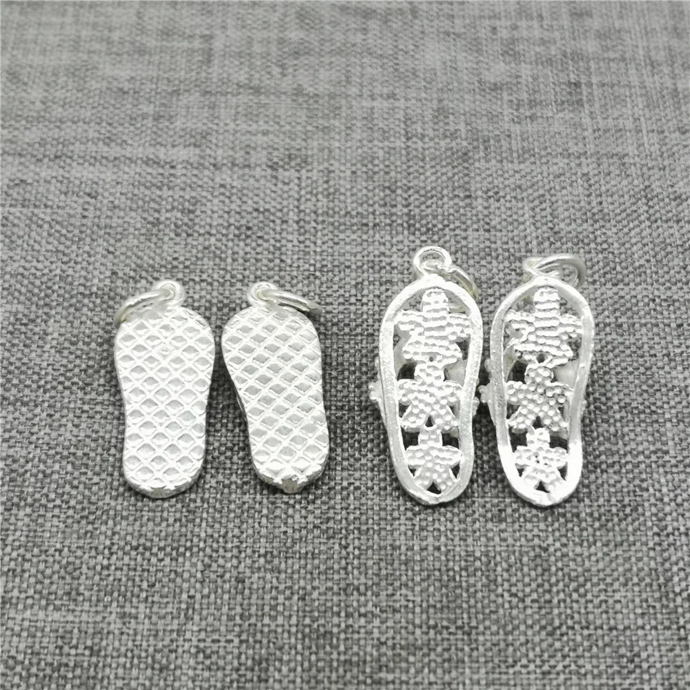 2pcs of 925 Sterling Silver Flip Flop Shoe Charms 3D with Flowers for Bracelet Necklace Earrings