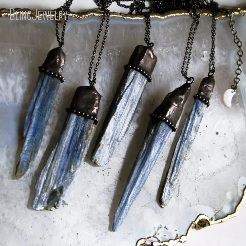 10pcs Blue Raw Kyanite Crystal Pendant Necklace Paperclip Chain Women Gemstone Wicca Jewelry