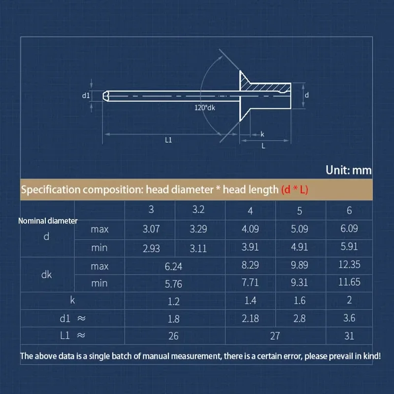 M3 M3.2 M4 M5 304 Stainless Steel Countersunk Head Pop Rivets Open End Countersunk Blind Rivet L:6-20mm