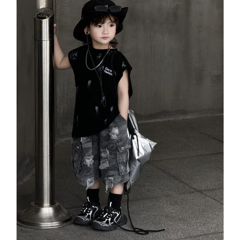 Children\'s Sleeveless Vest Tops Sets Summer 2024 New Boys\' Tie-dye Tank Top Hole Denim Shorts Handsome Street Fashion Suits