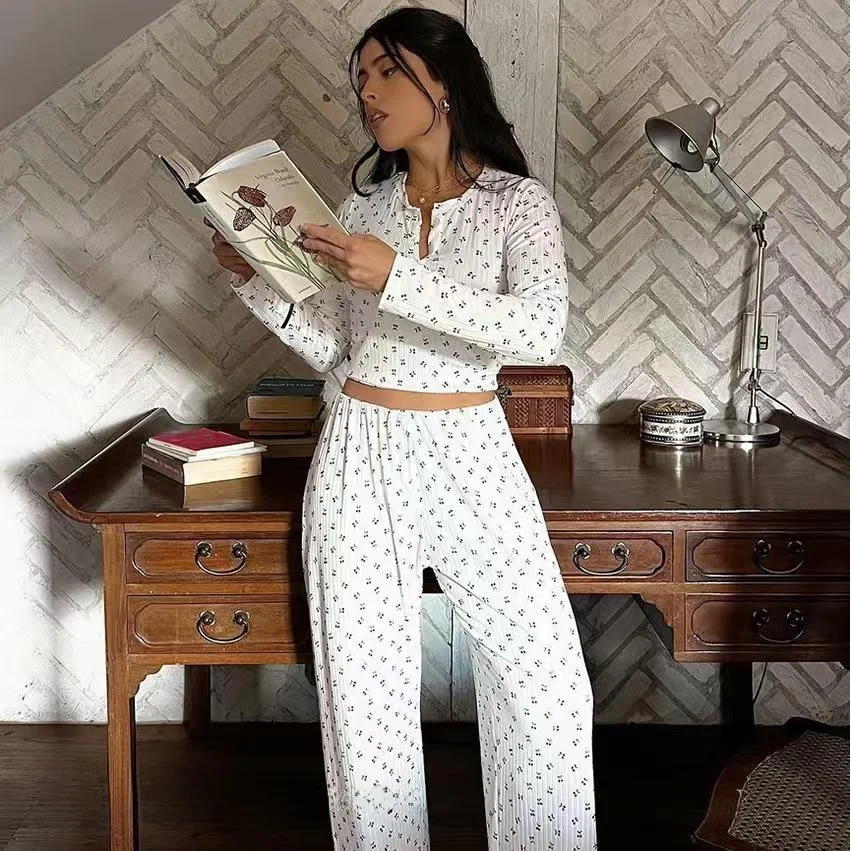 

Cherry Print Long Sve round Ne Home Clothes Set Women's Long Pants Comfortable Casual Sle Autumn Collection