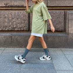 Hirsionsan Long Oversized T Shirts Women 2023 Summer Cotton Solid Color Streetwear Soft Basic Loose Short Sleeve Female Tee Tops