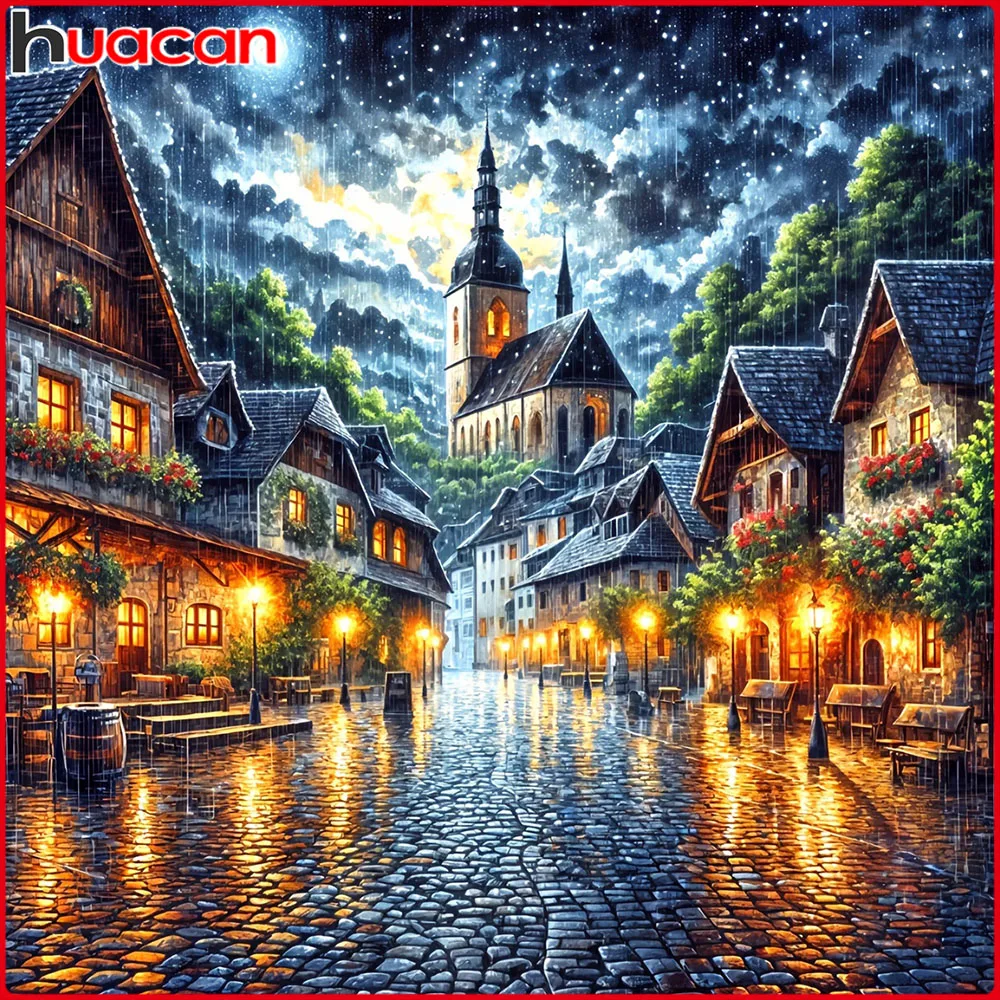 Huacan 5D DIY Diamantmalerei Mondstraßen-Gebäude Diamant-Mosaik Landschaft Neue Kollektion Bild aus Strasssteinen
