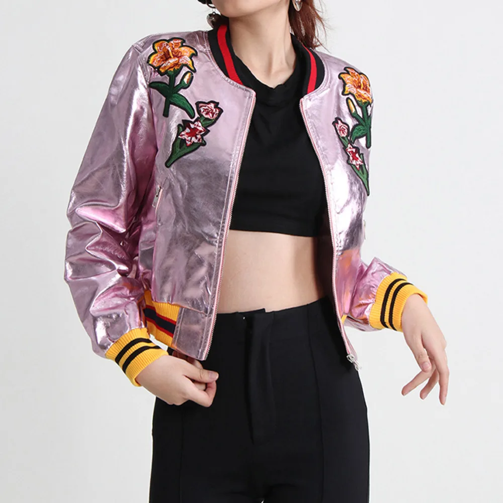 

2023 Spring Autumn Women's Bomber Short Jacket Stand Collar Long Sleeve Flora Embroidered Silver Faux Leather High Street Outer