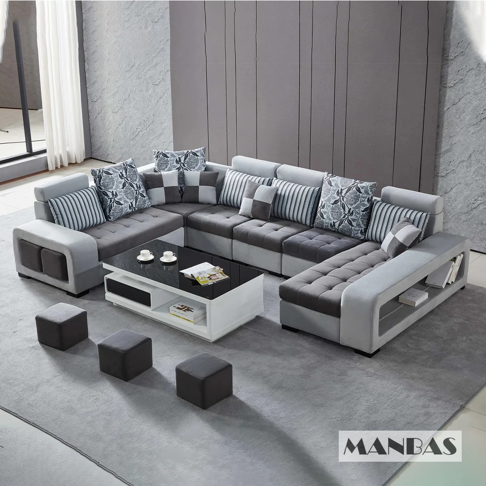 MANBAS Dark Grey & Light Grey Fabric Sectional Couch With Chaise, U-Shape Coth Living Room Sofa Sets With Stools Home Furniture