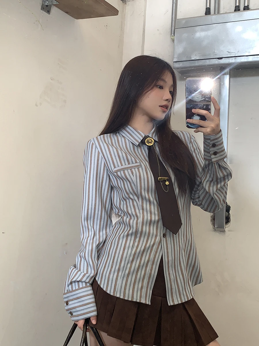 E Csa de Manga Larga a Rayas para Mujer, Otoño 2025, Nuevo Estilo, Ropa Interior, Estilo Juvenil, Top Femenino, Est...