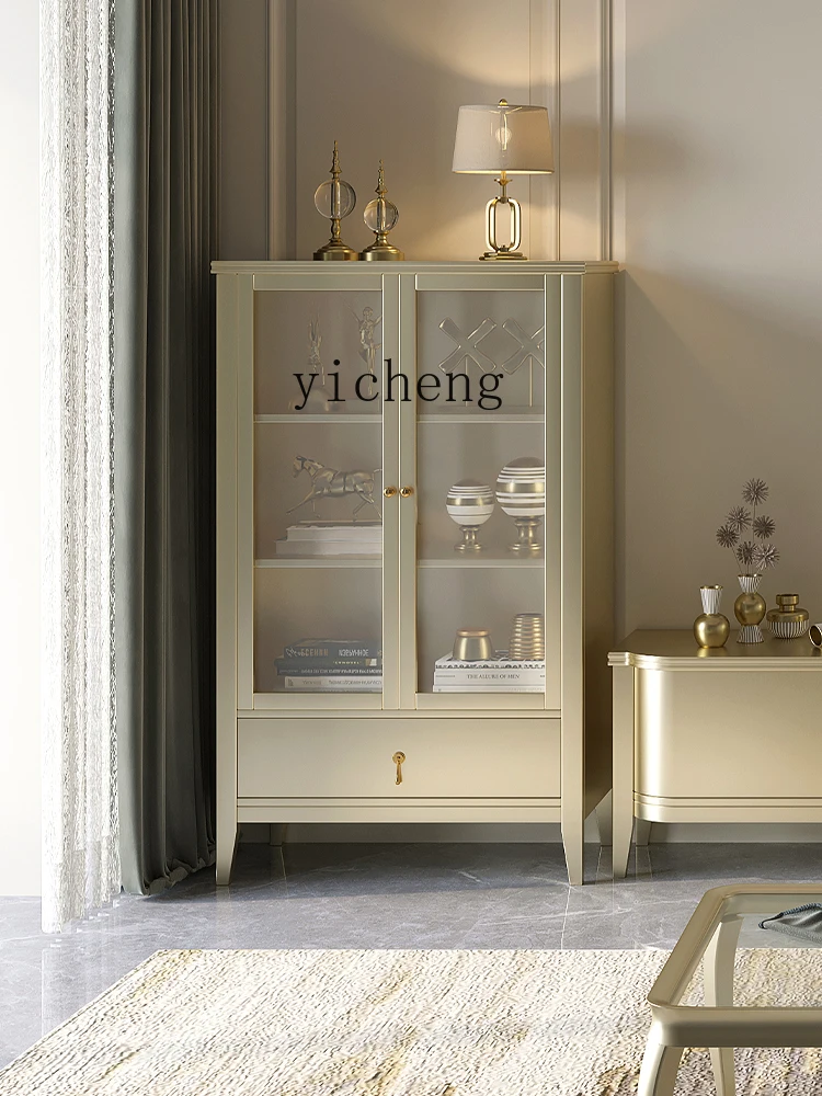 

FY Solid Wood Double Door Wine Cabinet Stand Cabinet Household Small Apartment Glass Door Living Room Storage Cabinet