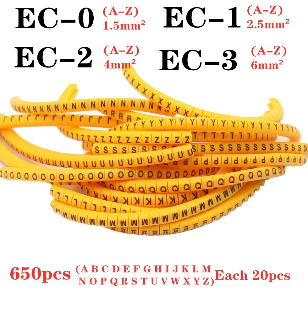 EC-0,EC-1,EC-2,EC-3 ( A-Z ) 650PCS (Each20pcs ) yellow Cable Markers Letter 6sq.mm A to Z  X for wire diameter Cable Markers