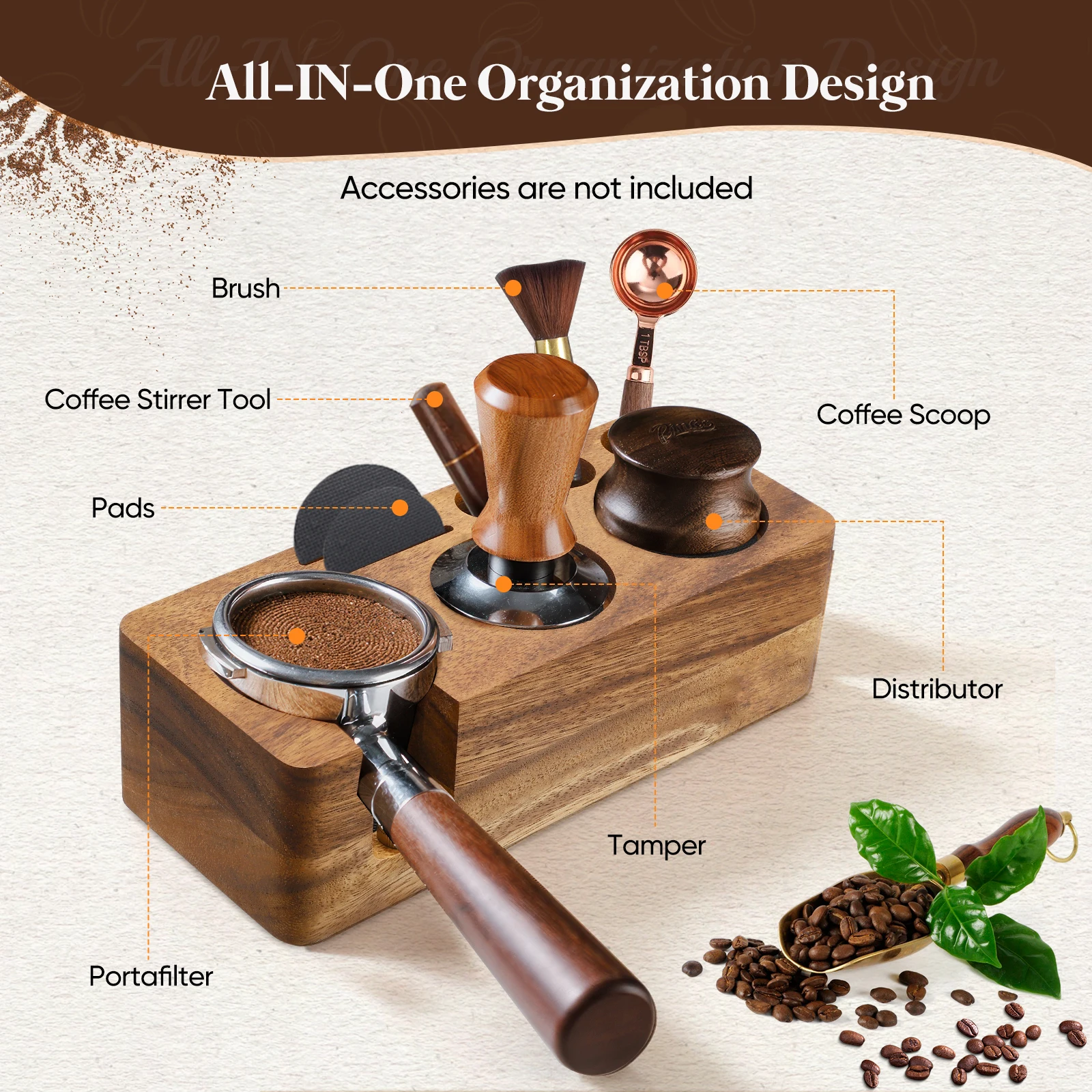Estación de Prensado de Café Espresso, con Cojín de Silicona y Altura Ajustable, Organizador de Café de Madera para 51-58mm