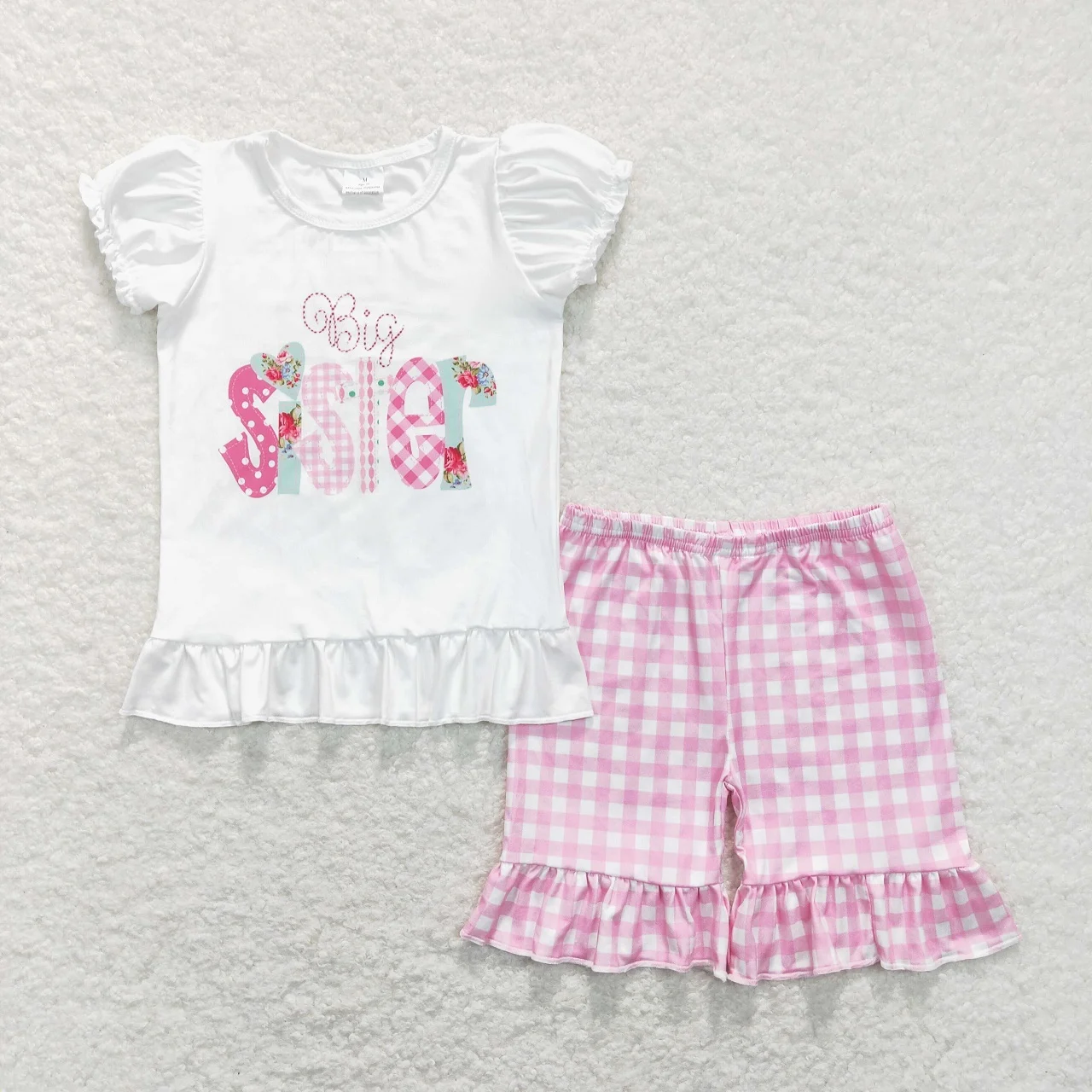 

Wholesale Infant Baby Girl Summer Clothes Kids Children Short Sleeves Sister Tops Set Pink Plaid Ruffle Shorts Toddler Outfit