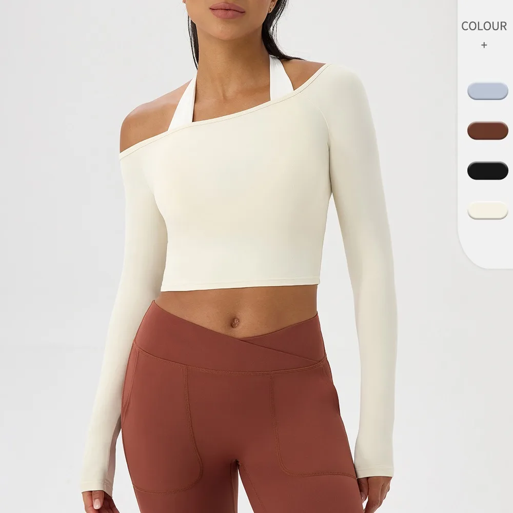 

Yoga long-sleeved T-shirt for women, one-shoulder sexy tight-fitting fitness clothes top, nude quick-drying sports long sleeves