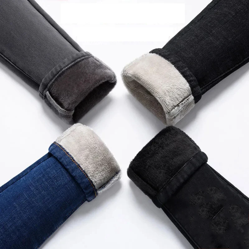 New Women Mid Waist Autumn Add Velvet Skinny Vaqueros Mujer Korean Fashion Slim Thick Fleece Denim Pants Winter Blue Warm Jeans