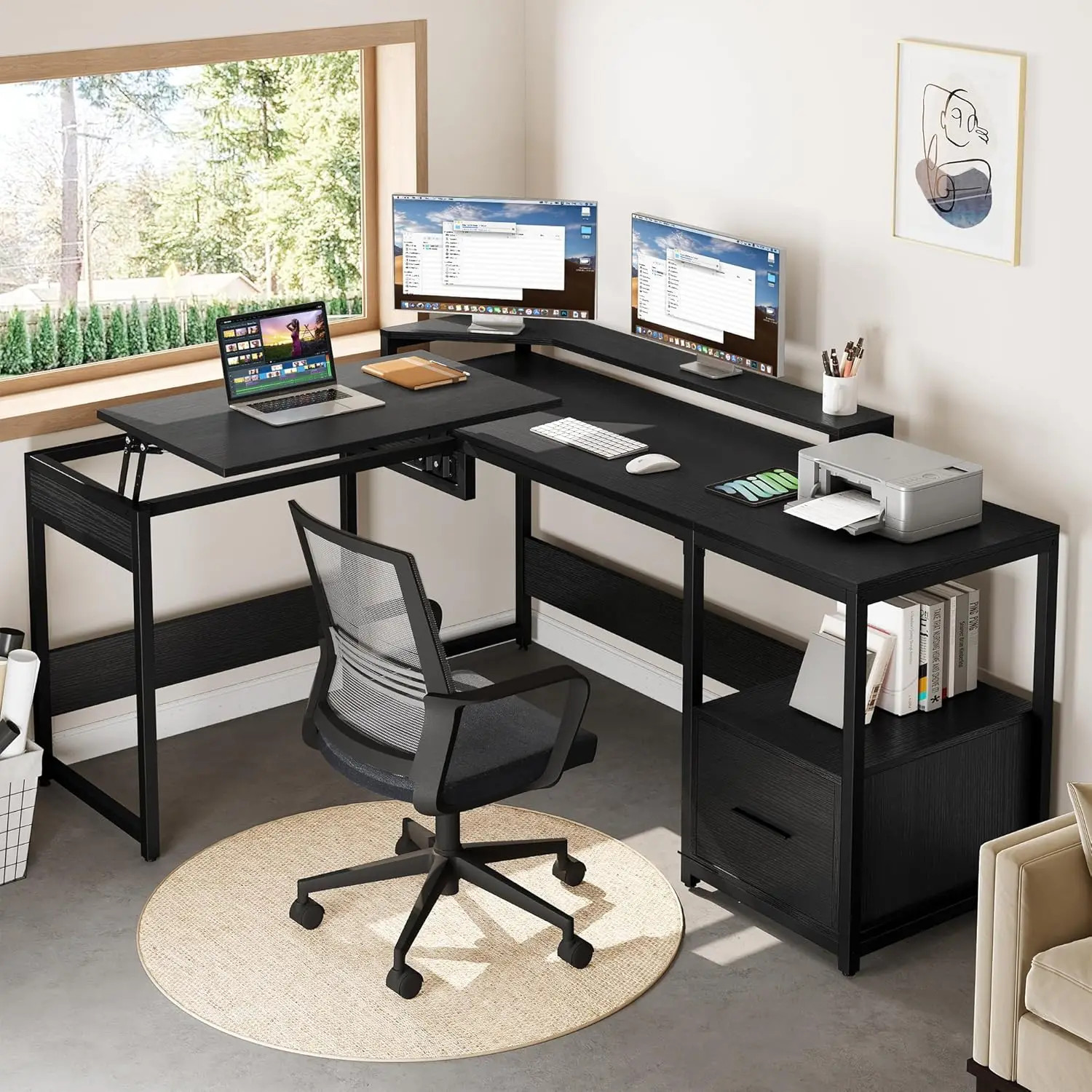 

L Shaped Desk with File Drawer, 65" Large Computer Desk Corner with Lift Top, Standing Height Adjustable