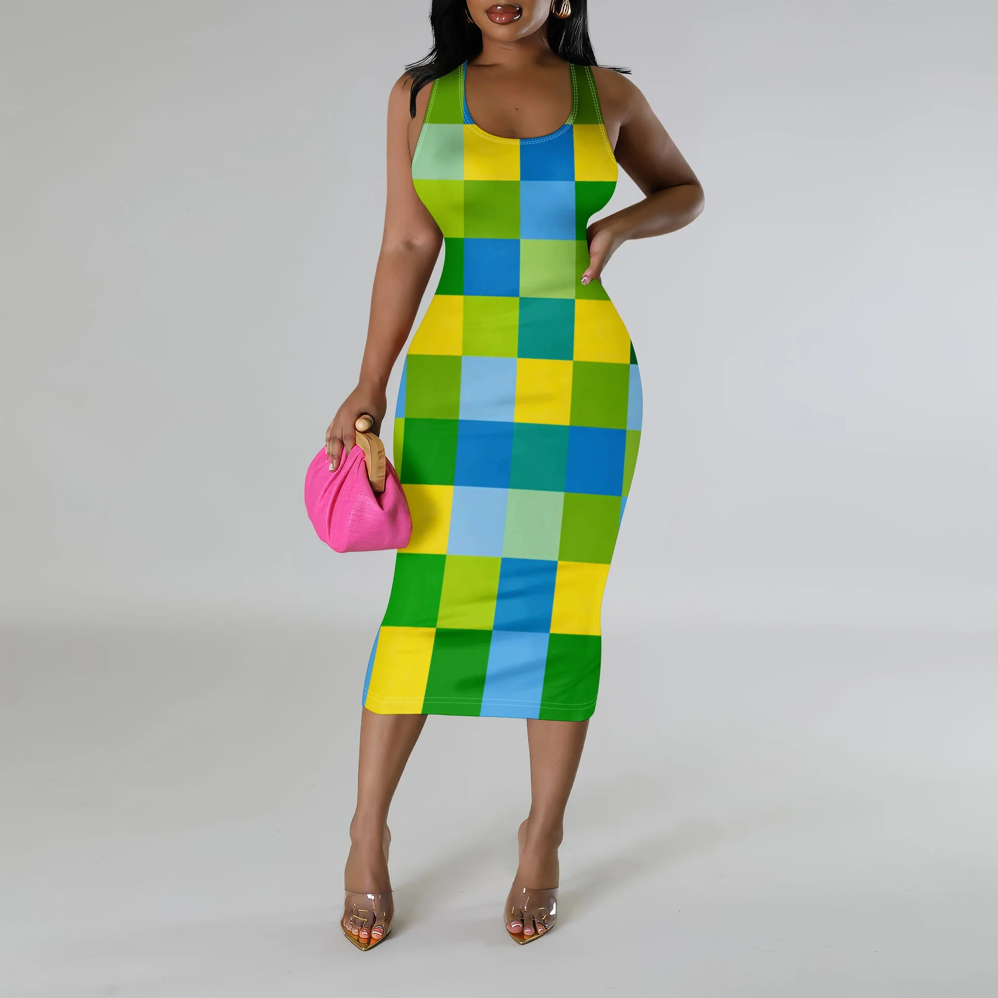 

Women’s Colorful Plaid Bodycon Dress XS-3XL Sleeveless Slim Fit Midi Summer Outfit for Vacation Music Festival 2025 New Arrival