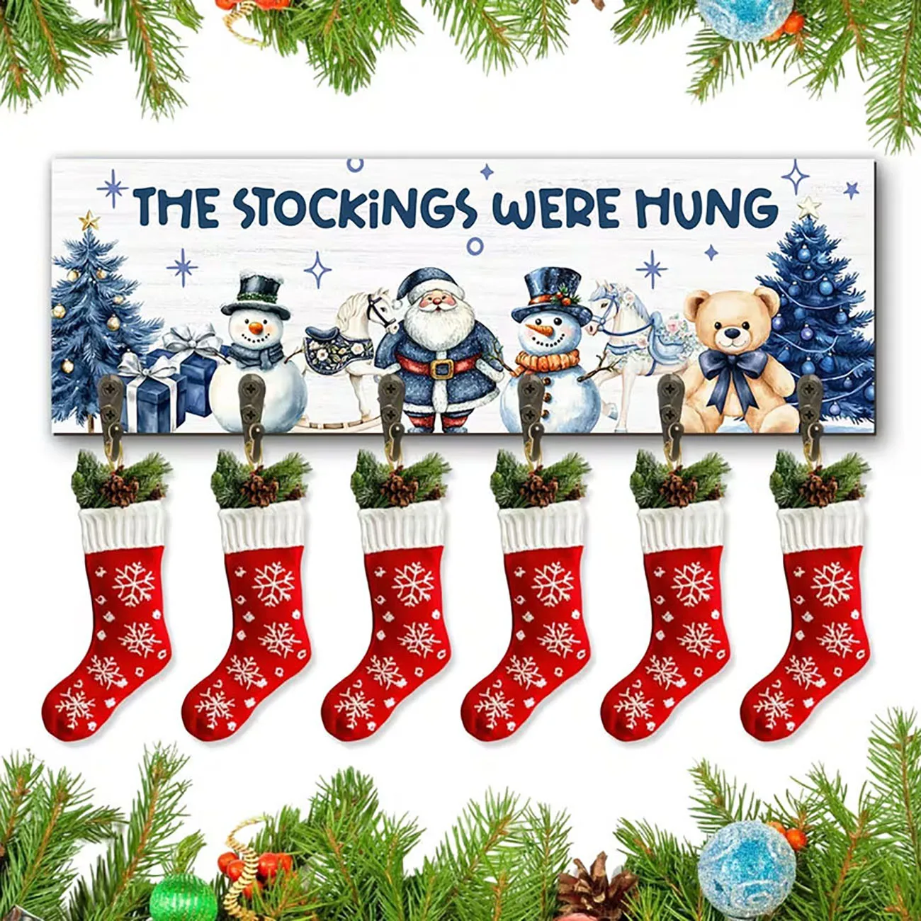 Christmas stocking rack with patterns of Santa Claus, snowman, and bear. Six metal hooks, cute wall decoration