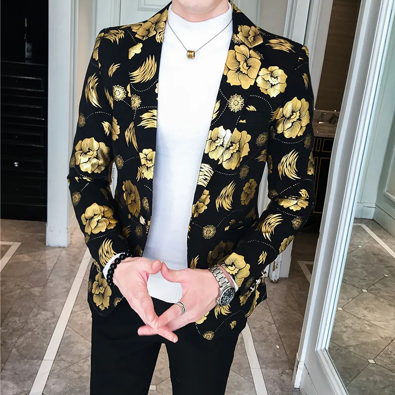 Men Golden Flower Print Blazers 2023 Autumn Formal Dress Tuxedo Casual Slim Fit Suit Jacket / High Quality Fashion Men Clothing