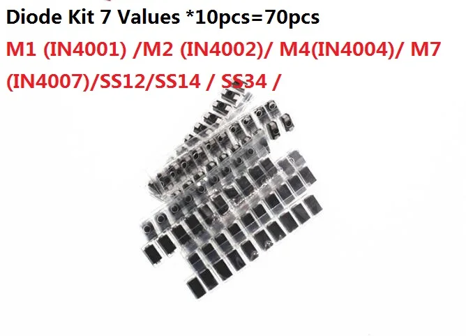 7 Values *10pcs=70pcs M4(IN4004)/ M7 (IN4007)/Set SMA SMD Diode Kit Package  SS12/SS14 /  SS34 / M1 (IN4001) /M2 (IN4002)/