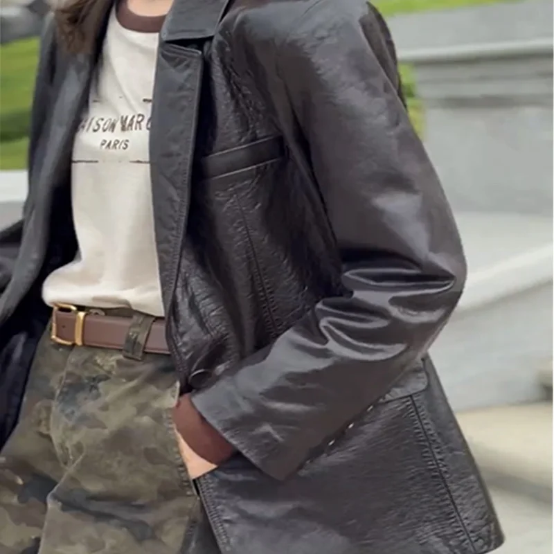 Casaco feminino solto americano retrô de comprimento médio eepskin Couro Jaet outono 2024 novo Sle Iphirem Fur ket Detalhe Com...