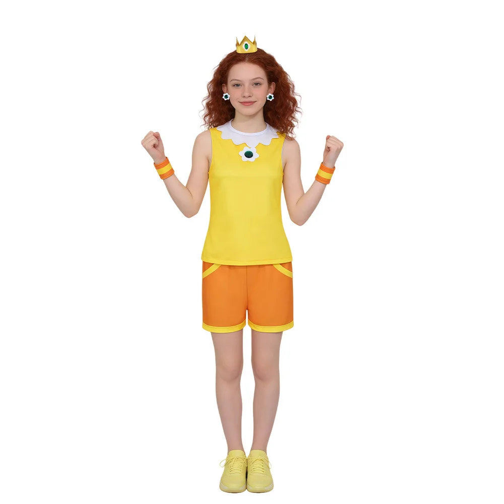 Princess Game Daisy Cotume Yellow Tennis Outfit Top Shorts Ear Clips Wristband Clown Halloween Cosplay Costume