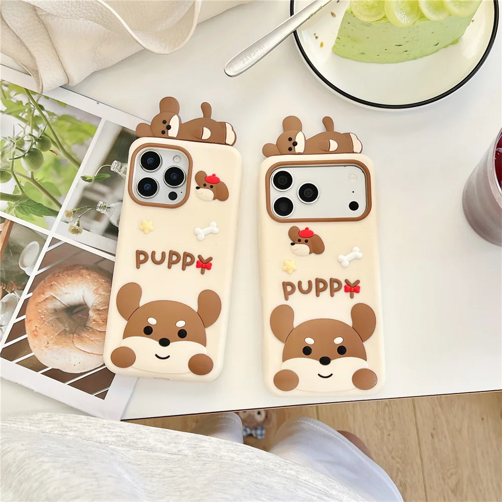 Kawaii Lovely Lying Puppy Star Cream Phone Case for 17 Pro Max Cartoon Soft Silicone Protective Cover for iPhone 16 15 14 13