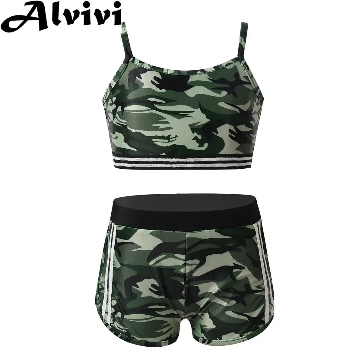 Children Camouflage Sports Clothing Set Girls Sleeveless Crop Top with Shorts Sportswear Dance Gymnastics Workout Tracksuit