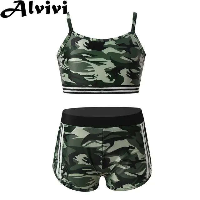 Zestaw odzieży sportowej dla dzieci kamuflaż dziewczyny Crop Top bez rękawów z szortami odzież sportowa taniec gimnastyka dres treningowy