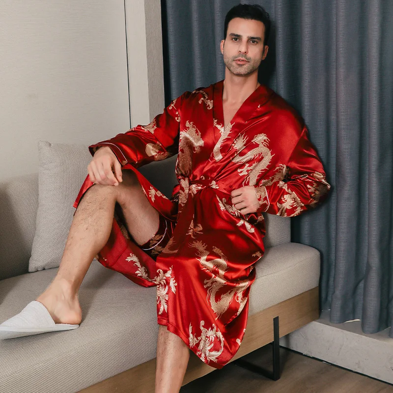 Pajama men\'s spring and autumn silk thin style oversized pajamas long sleeved bathrobes ice silk bathrobes home clothing summer