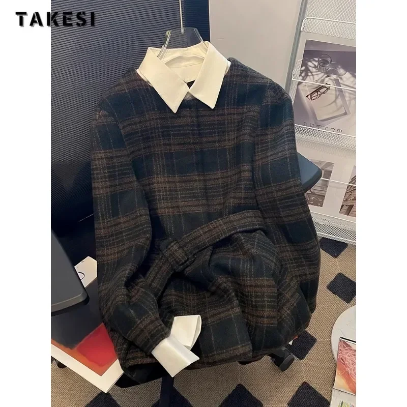 

Vintage Casual Office Lady Oversized Plaid Wool Jacket 2023 Winter Women Fake Two Piece Outerwear Loose Blends Belted Warm Coat