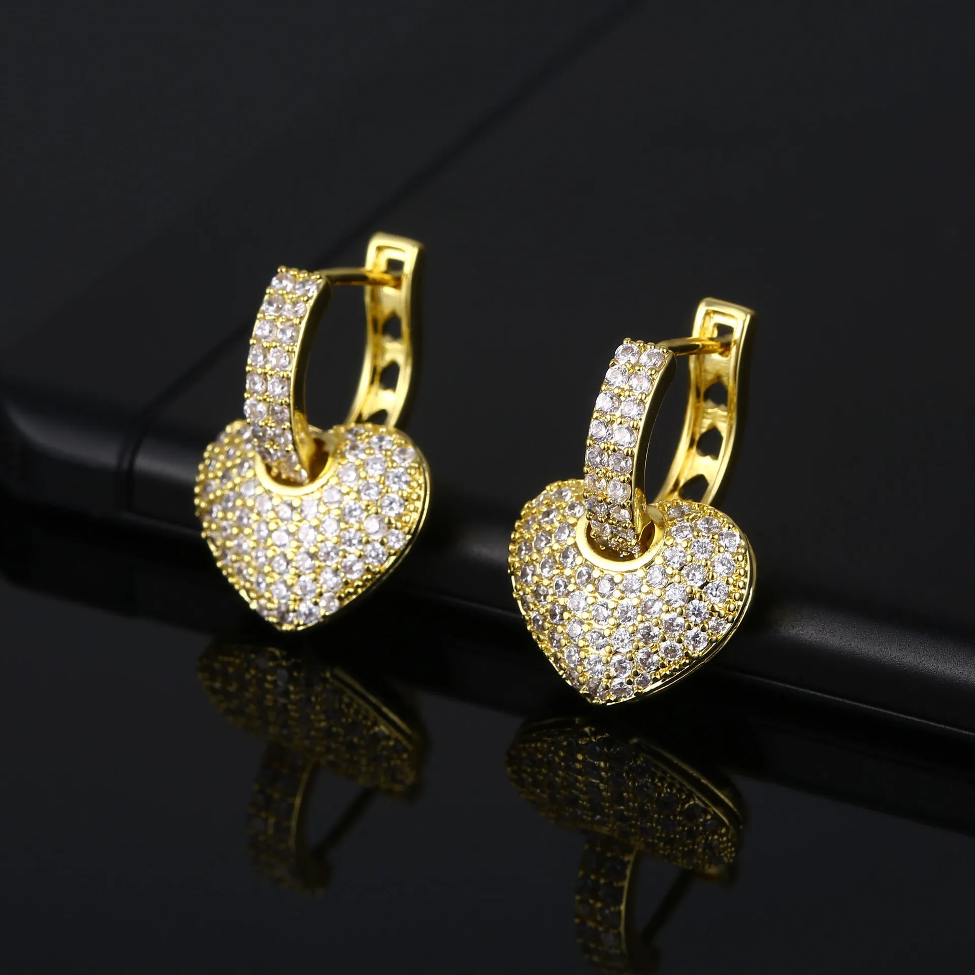 SIPENGJEL vintage Large Heart Pendant Earrings Geometric Romantic Full Zircon Drop Hoop Earrings For Women Wedding Jewelry