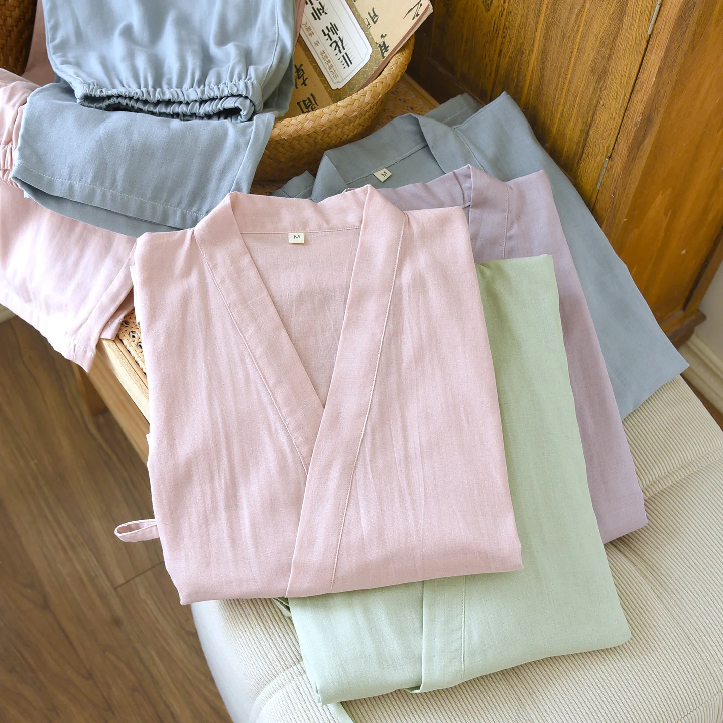 

Женский кардиган + брюки, пижама Hanfu, японское кимоно юката, комплект из чистого хлопка, удобная домашняя одежда, одежда для сна, одежда D0080