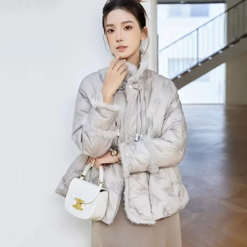 OFTBUY Warm Autumn Winter Women Short Jacket Thickened Mink Fur Spliced Embroidered Disc Button White Duck Down Fashion Jacket