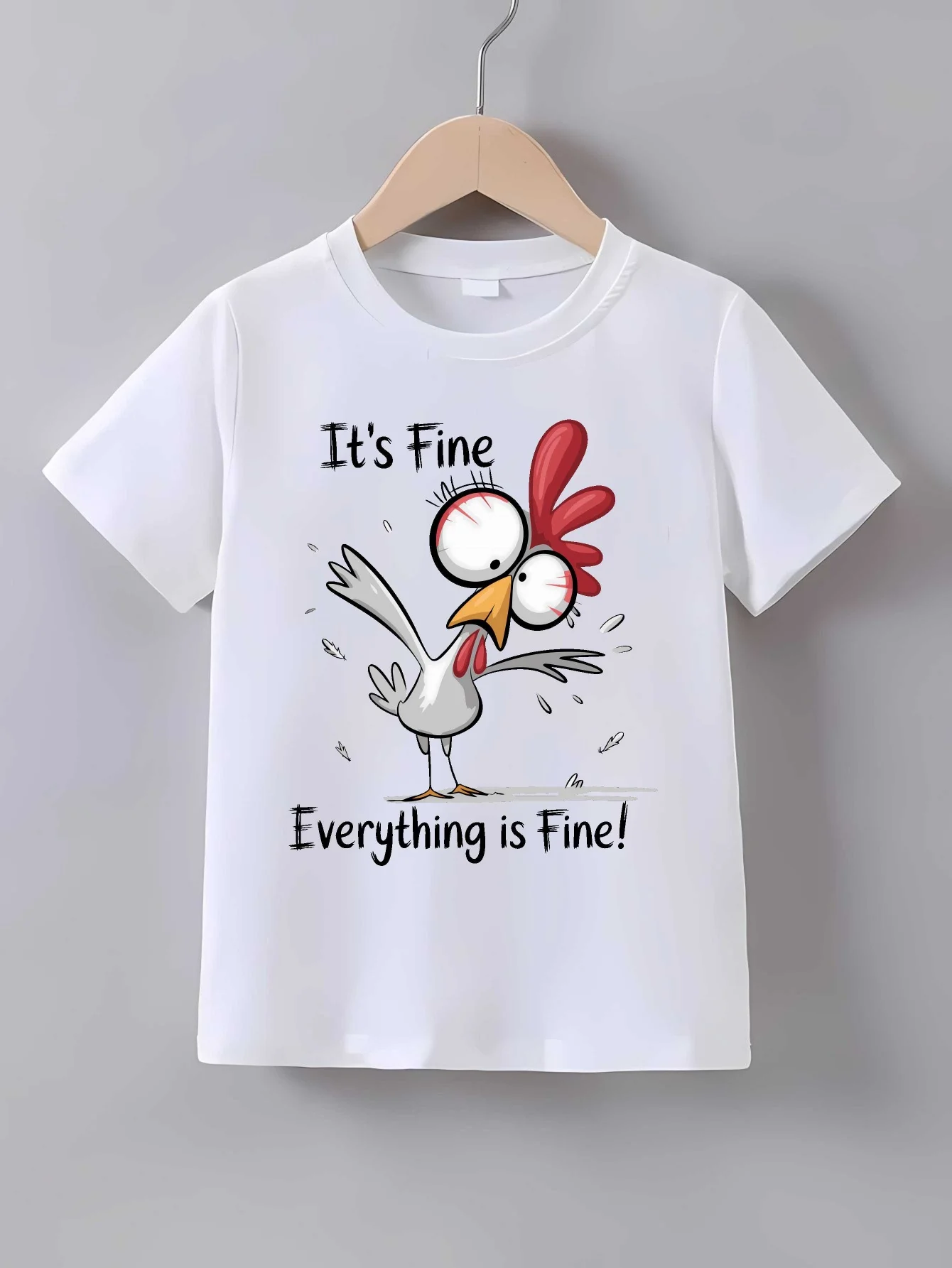 Kids Family Matching T Shirt It's Fine Crazy Chicken Cartoon Print Short Sleeve Cotton Tops For Boys Girls Daily Casual Outfit