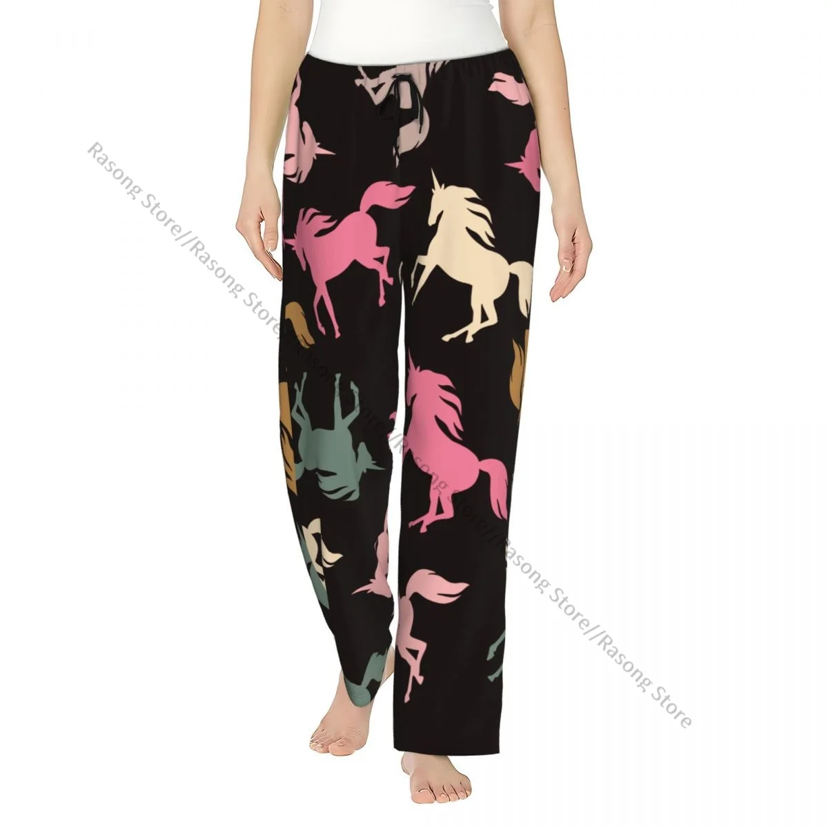 

Colored Unicorns On Black Flannel Pajama Pants for Women Soft Warm Sleep Pants with Elastic Waistband