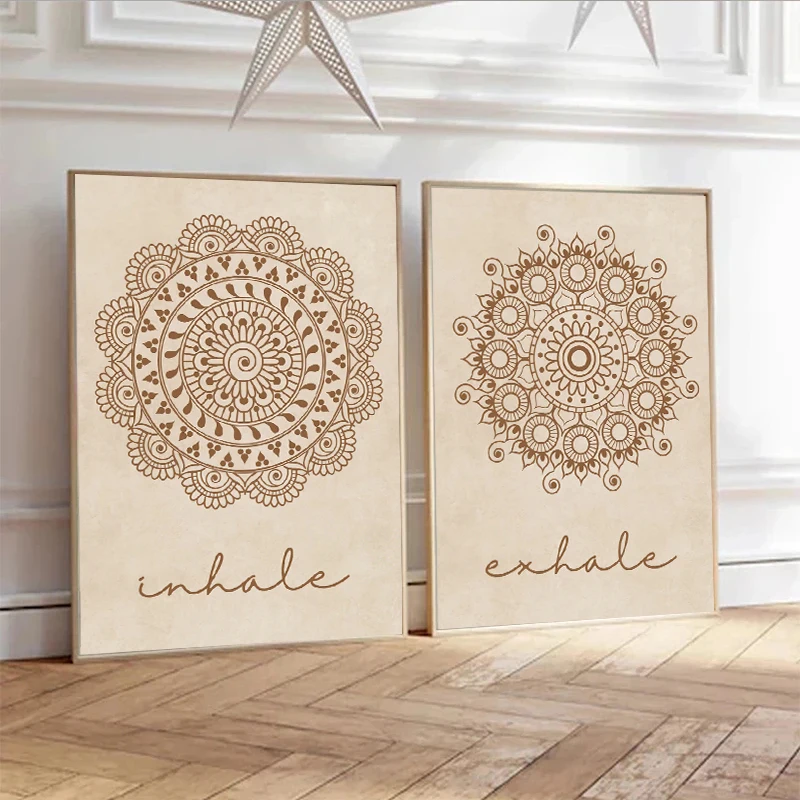 Abstract Mandala Wall Art Yoga Beige Bohemia Prints Inhale Exhale Canvas Painting Posters Line Flower Pictures Living Room De