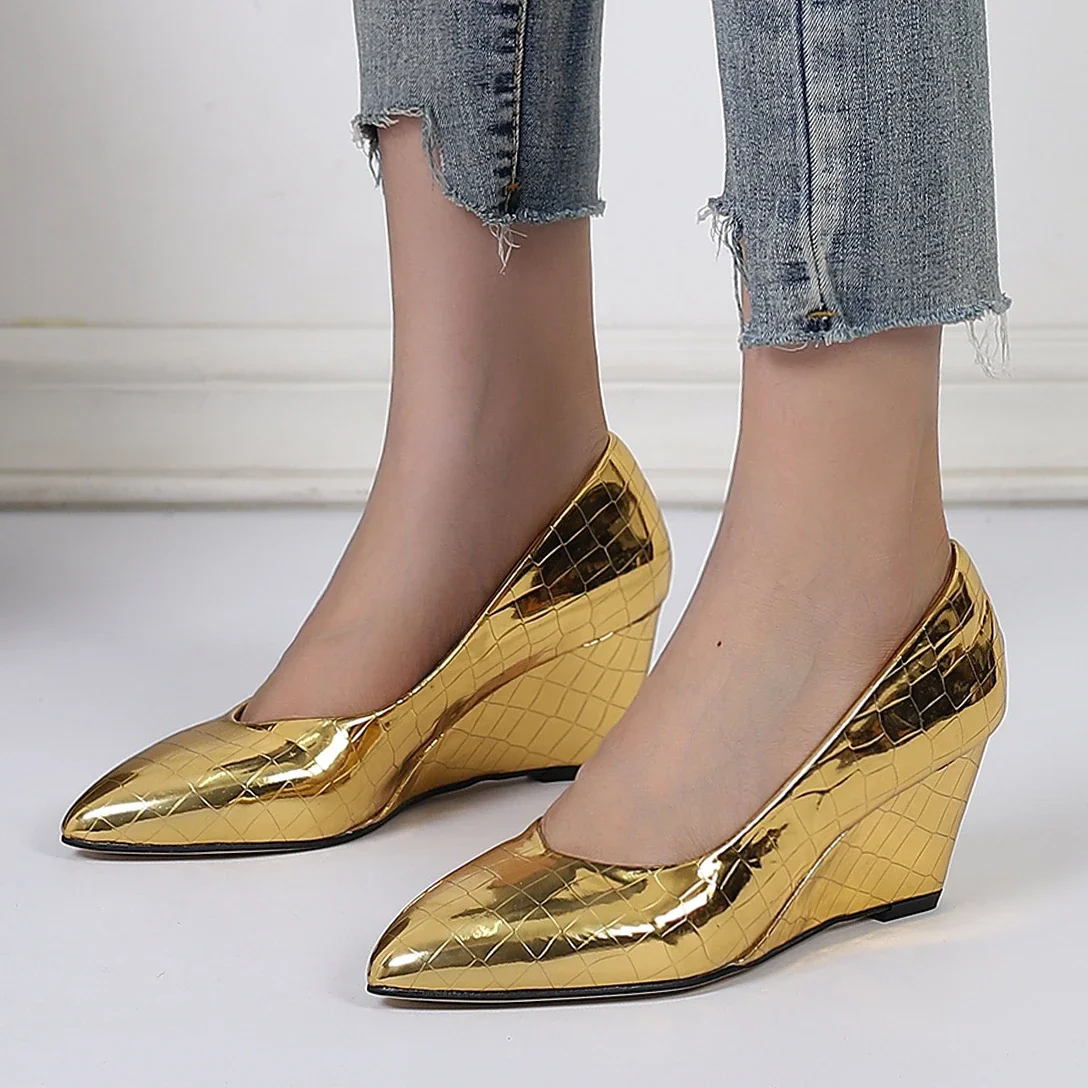 Gold Wedge Casual Shoes Women Pointed Comforts High Heels Office Women\'s Shoes Crocodile Pumps Silver Patent Leather Loafers