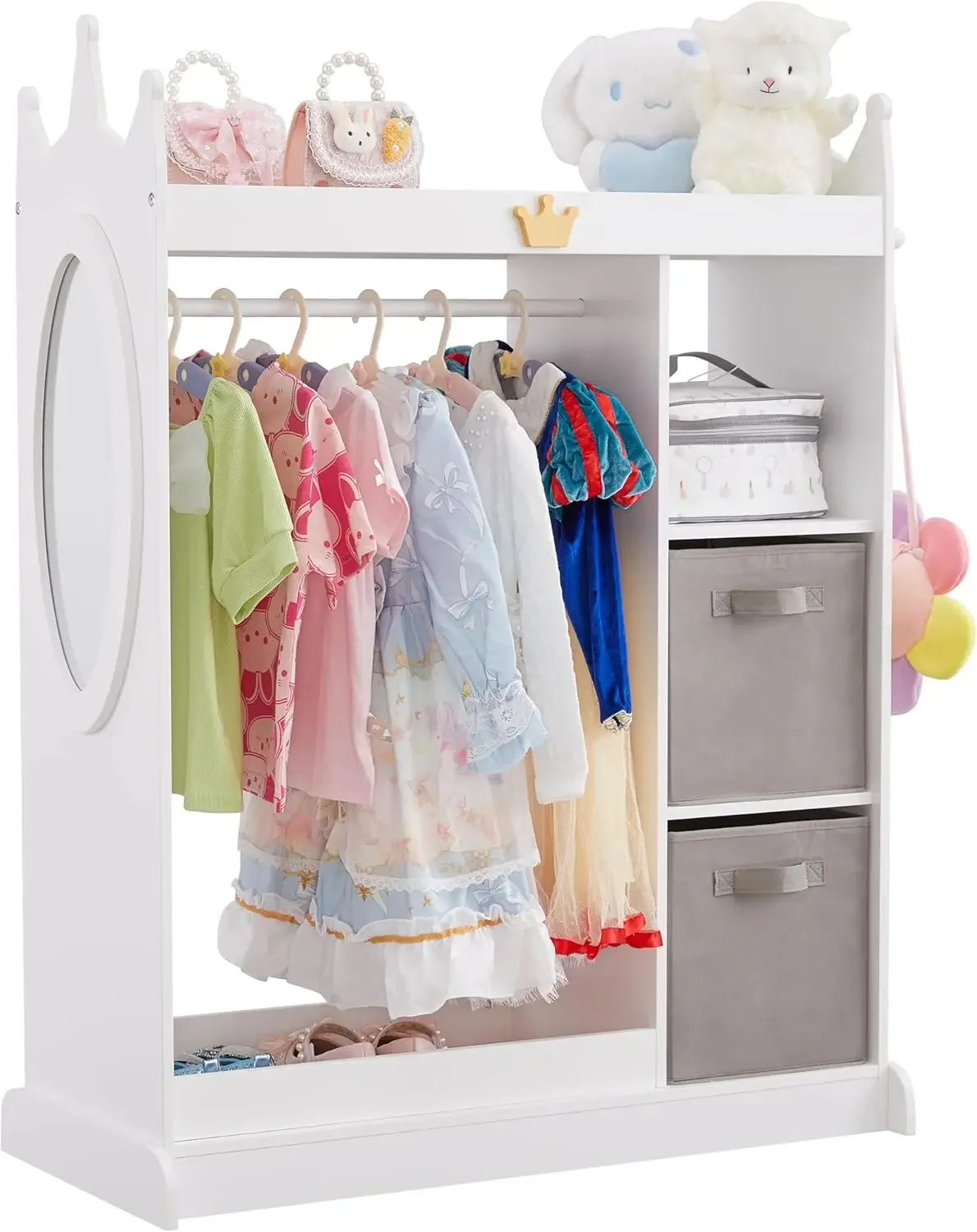 

Kids Dress Up Storage with Mirror, Costume Organizer with Hanging Rod, 3 Shelves & 2 Bins, Dress Up Closet Armoire for Kidroom &