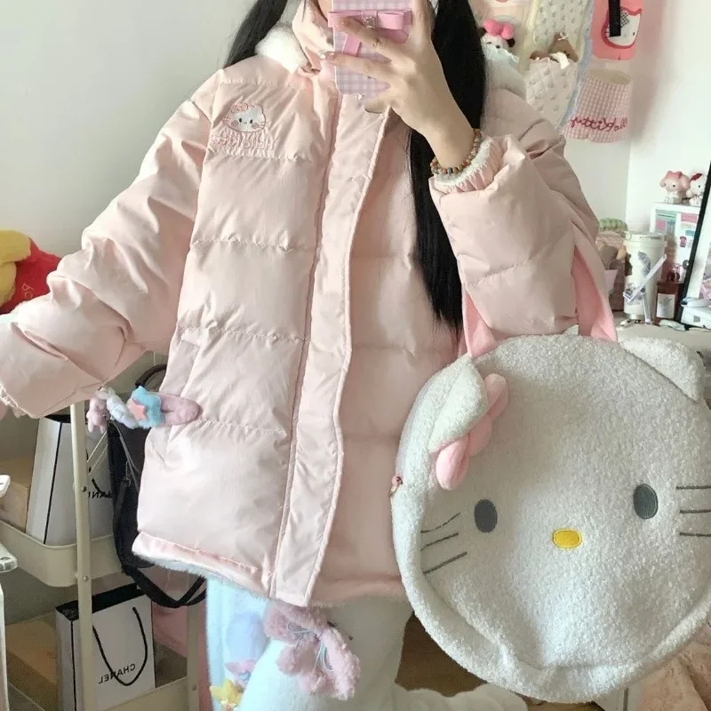 Kimotimo Süße Cartoon Stickerei Jacke Frauen Winter Dicke Warme Mit Kapuze Qulited Mantel Japanischen Kawaii Casual Lose Parkas Tops